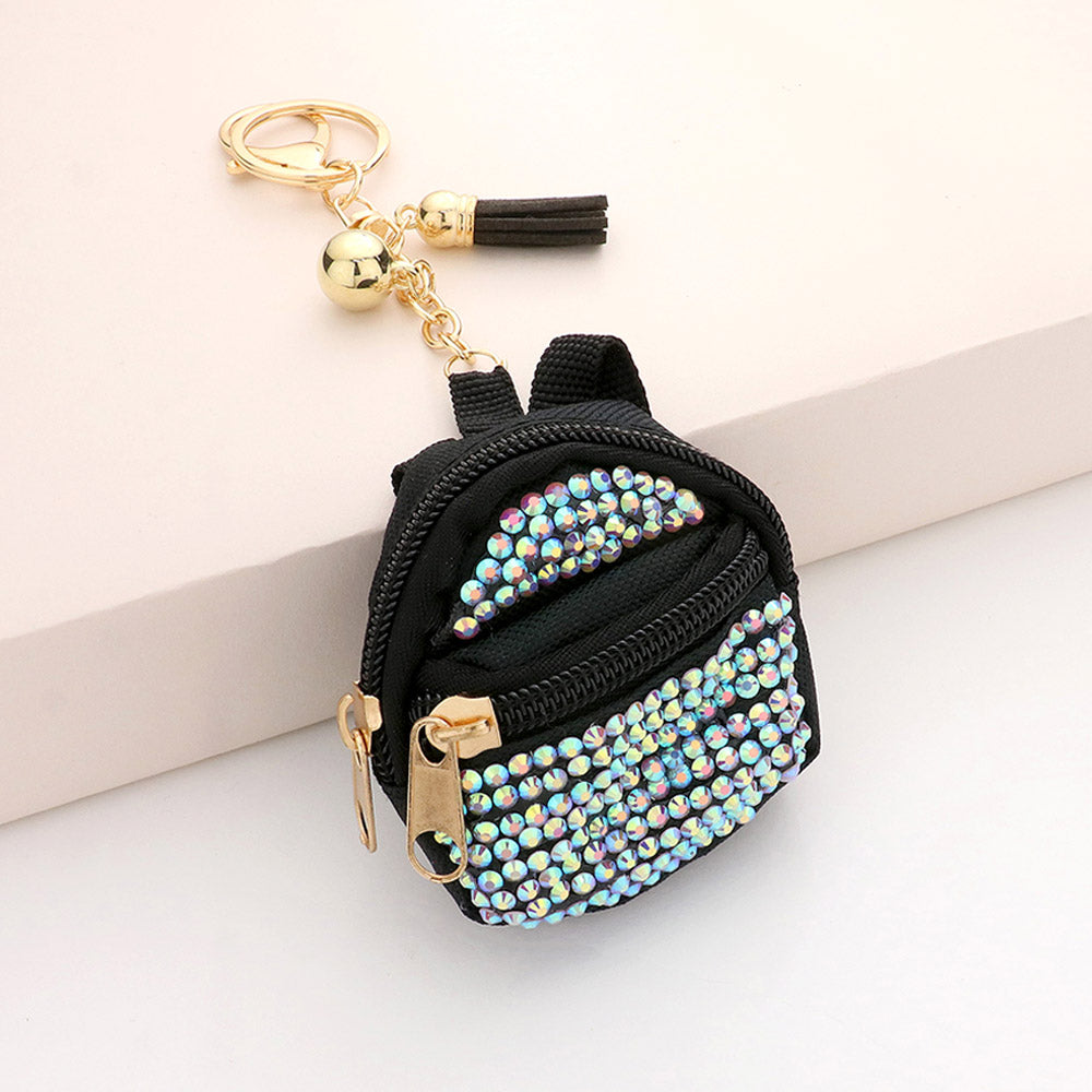 Bling Studded Backpack keychain in AB on black