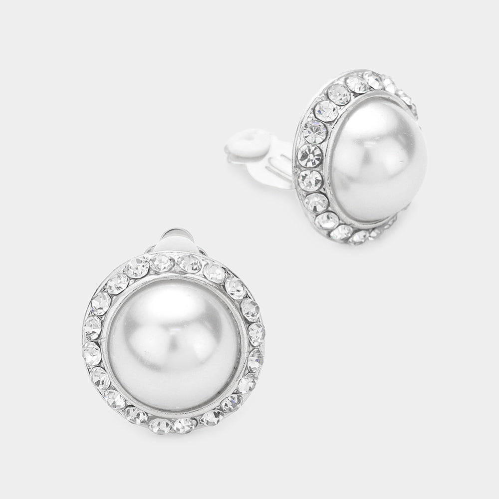 White Pearl Clip On Stud Earrings on Silver | Bridal Jewelry