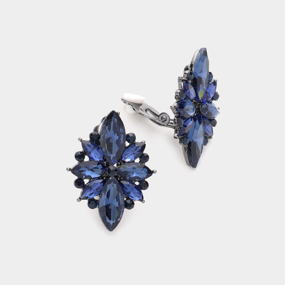 Navy Marquise Stone Cluster Clip On Pageant Earrings | Interview Earrings