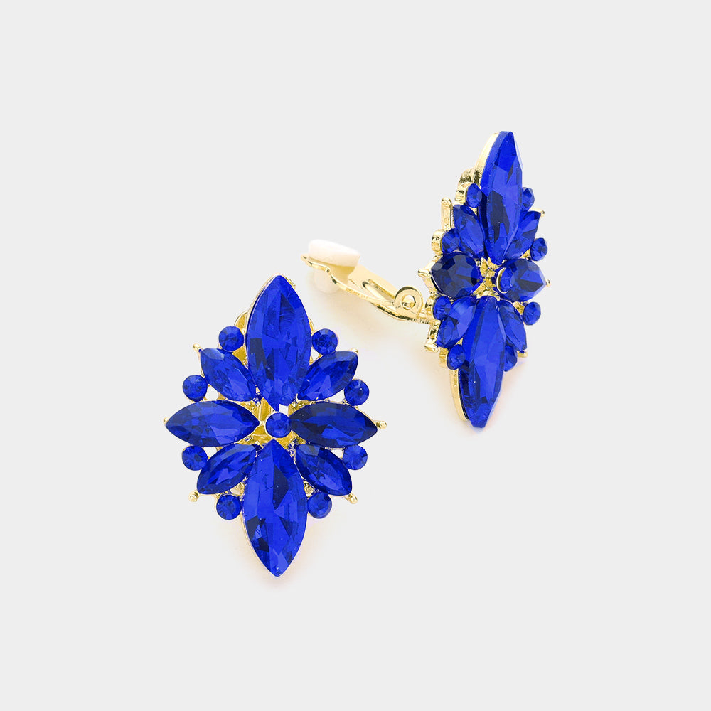 Sapphire Marquise Stone Cluster Clip On Pageant Earrings  | Interview Earrings