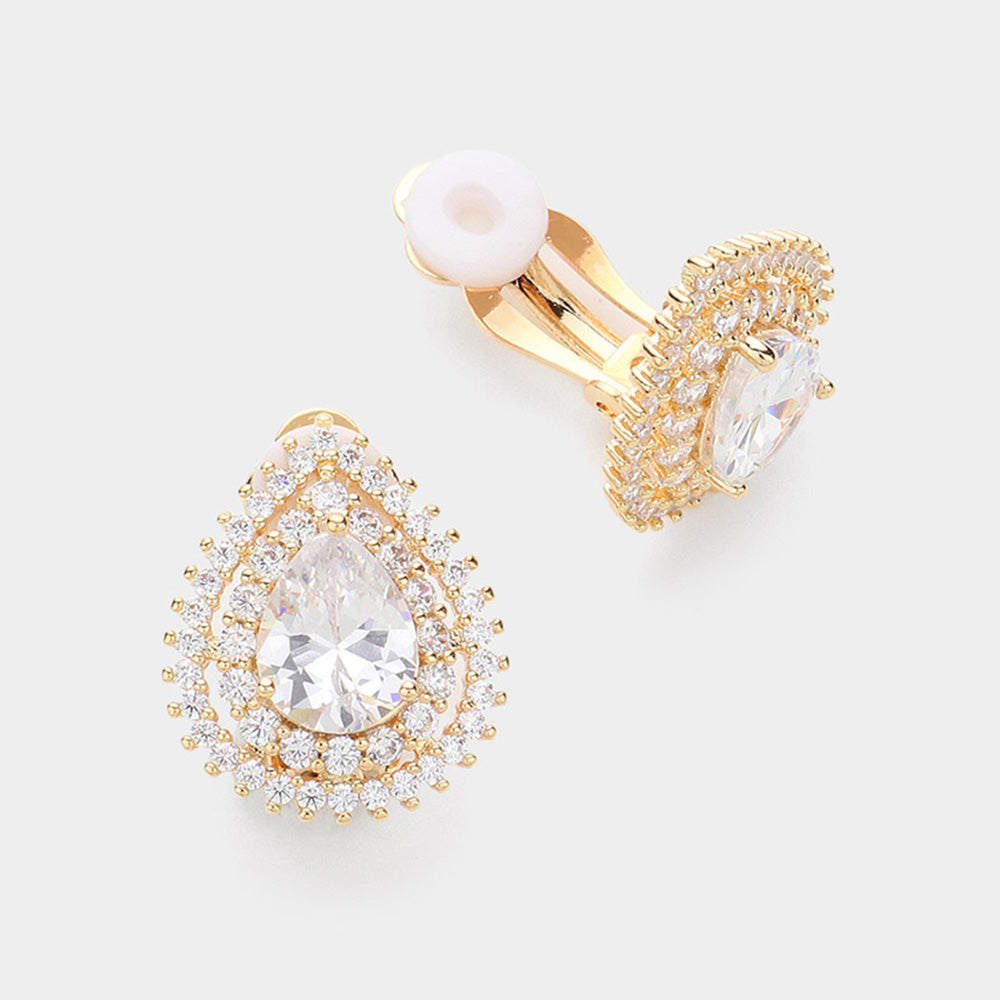 CZ Teardrop Stone Surrounded by Rhinestone Clusters Clip On Earrings on Gold