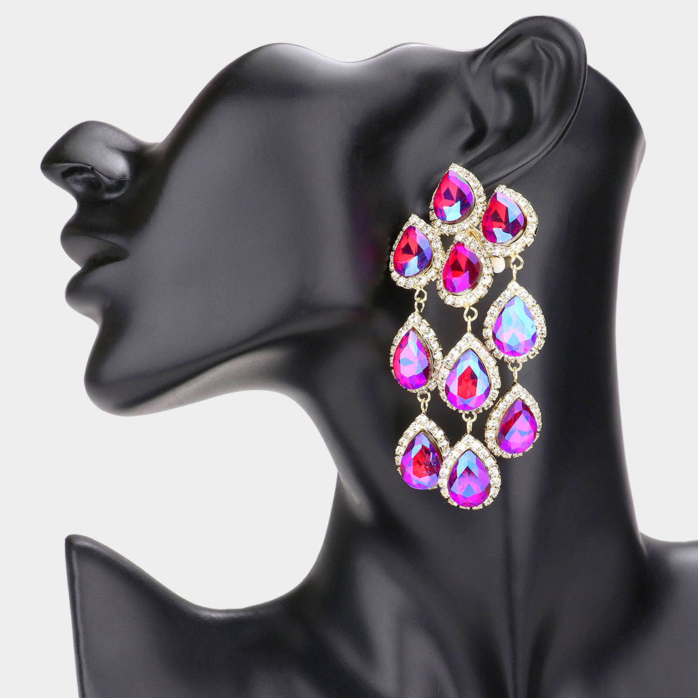 Fuchsia Multi Teardrop Clip On Chandelier Earrings  | Prom Jewelry