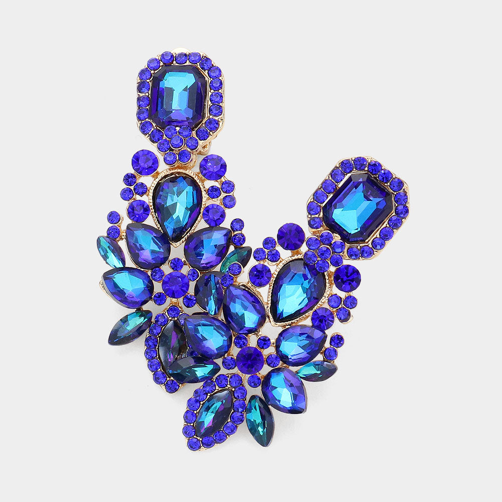 Multi Sapphire Stone Cluster Chandelier Clip on Pageant Earrings  | Prom Earrings