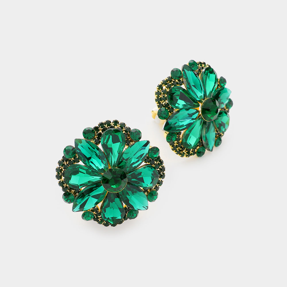 Emerald Multi Stone Clip On Stud Interview Earrings | Pageant Earrings