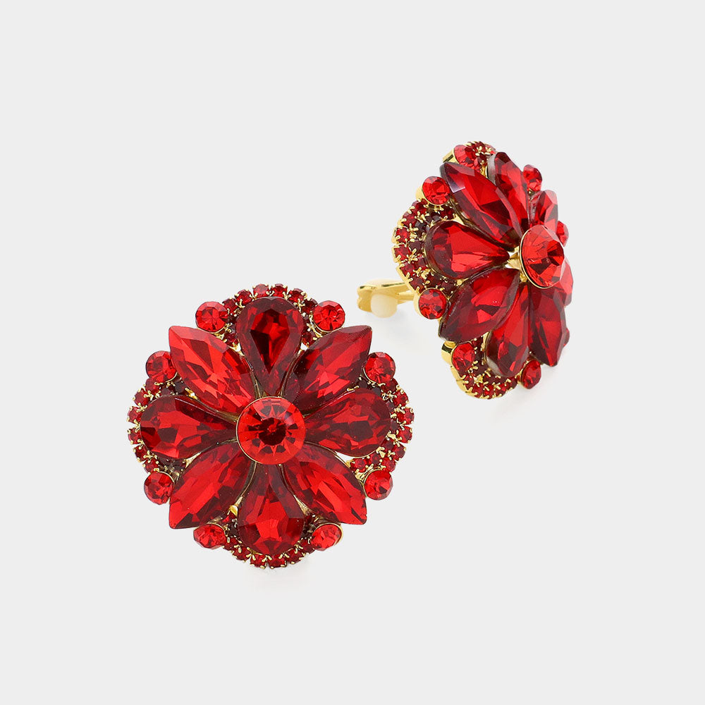 Red Multi Stone Clip On Stud Interview Earrings | Pageant Earrings