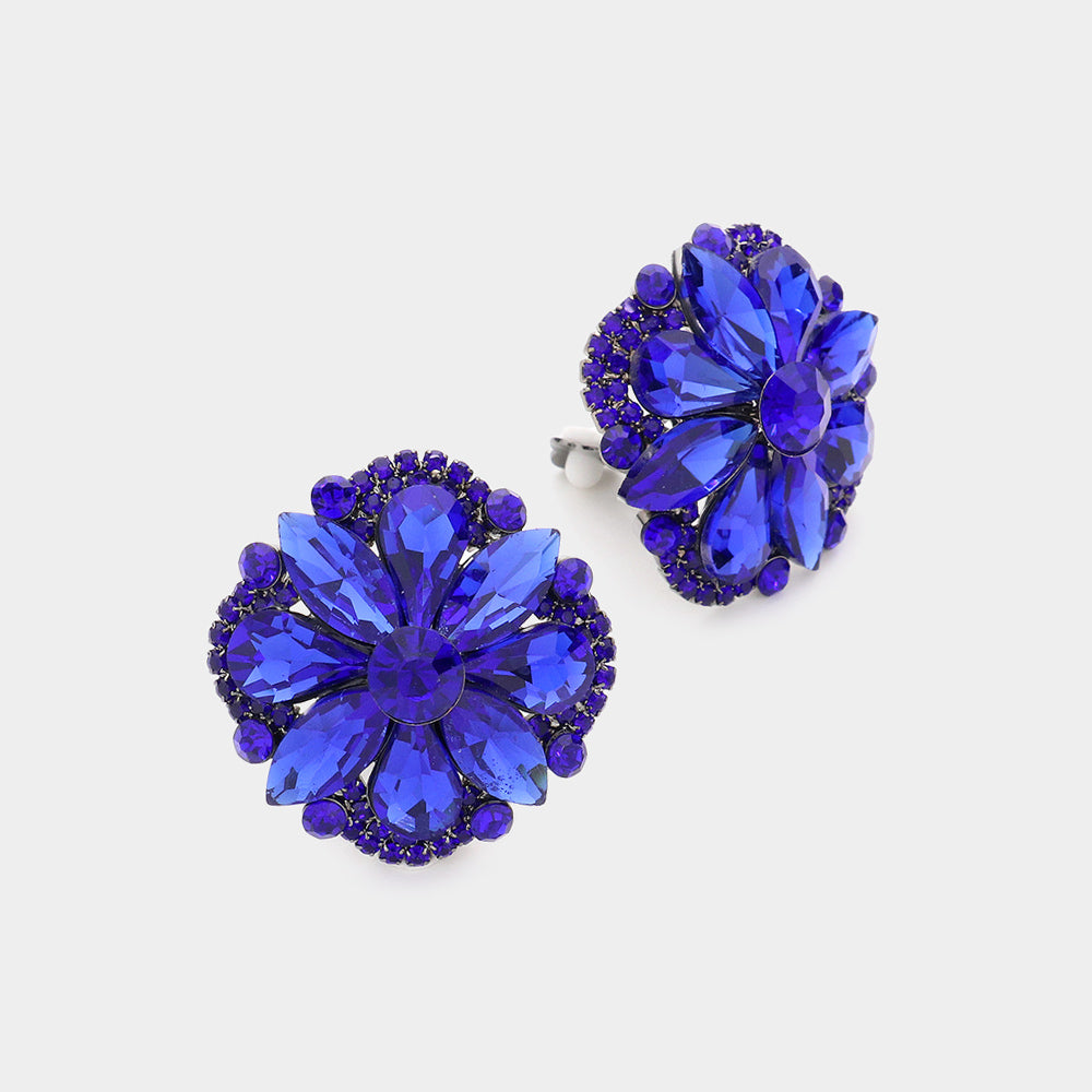 Royal Blue Multi Stone Clip On Stud Interview Earrings | Pageant Earrings