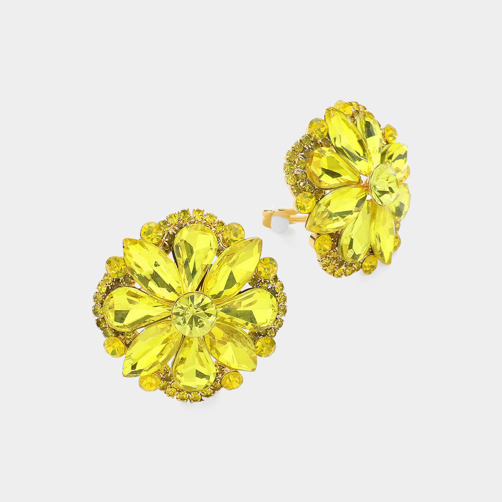 Yellow Multi Stone Clip On Stud Interview Earrings | Pageant Earrings 