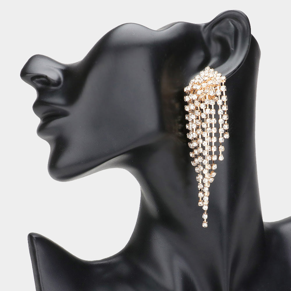 Clear Rhinestone Waterfall Fringe Pageant Clip On Earrings on Gold | Clip On Prom Earrings