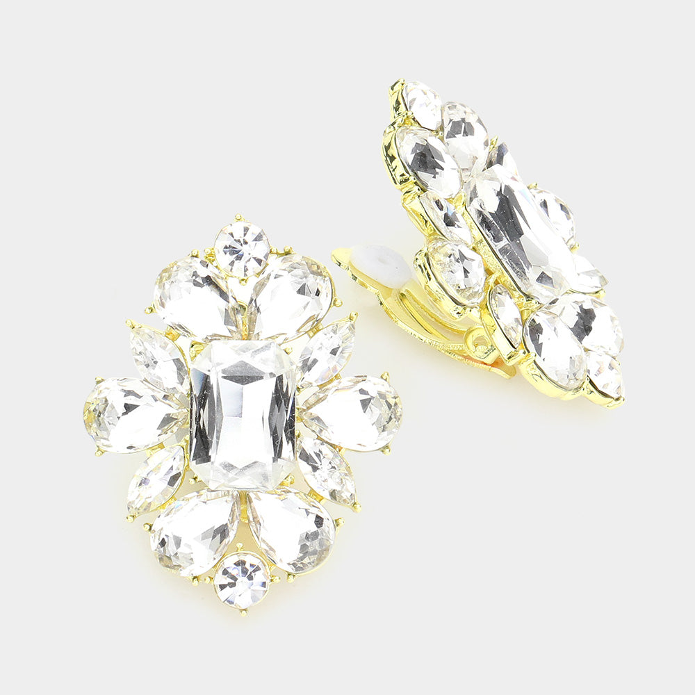 Clear Multi Stone Clip On Pageant Earrings on Gold | Clip On Interview Earrings
