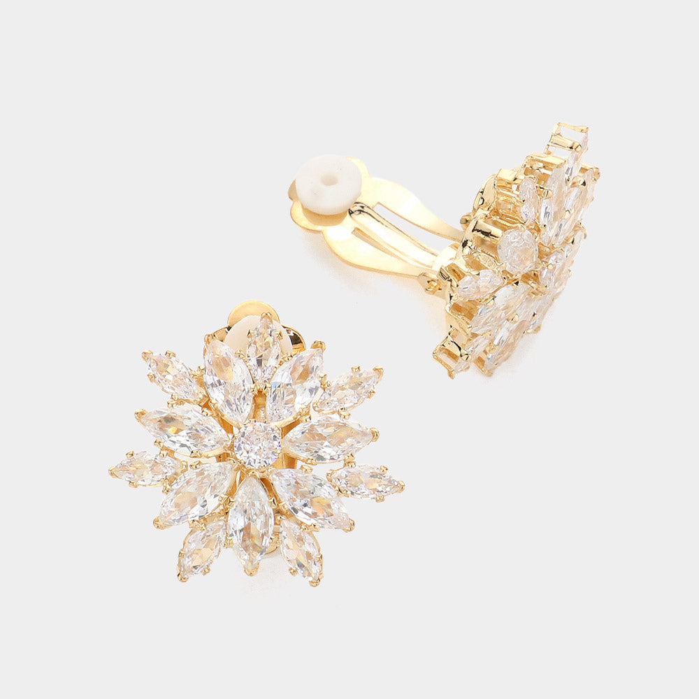 CZ Stone Cluster Clip On Pageant Earrings on Gold | Wedding Earrings