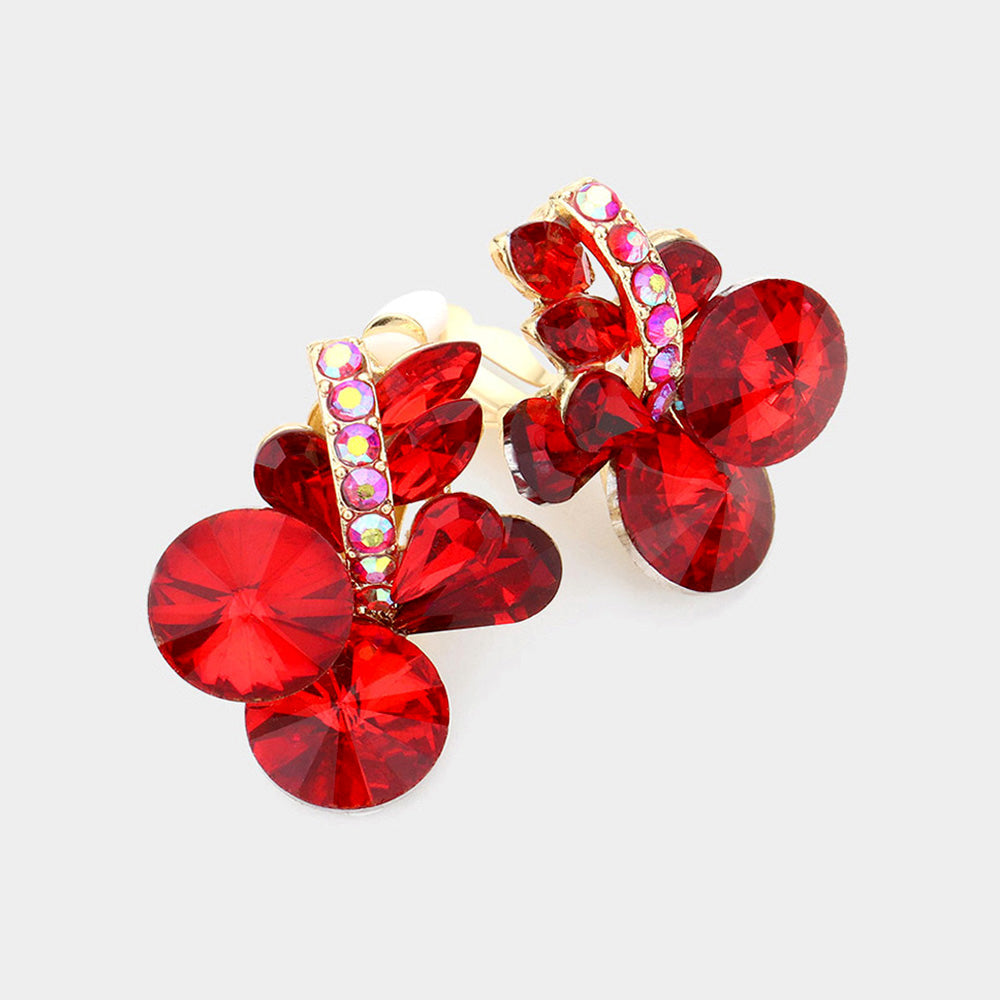 Multi Stone Red Cluster Clip On Earrings | Interview Earrings