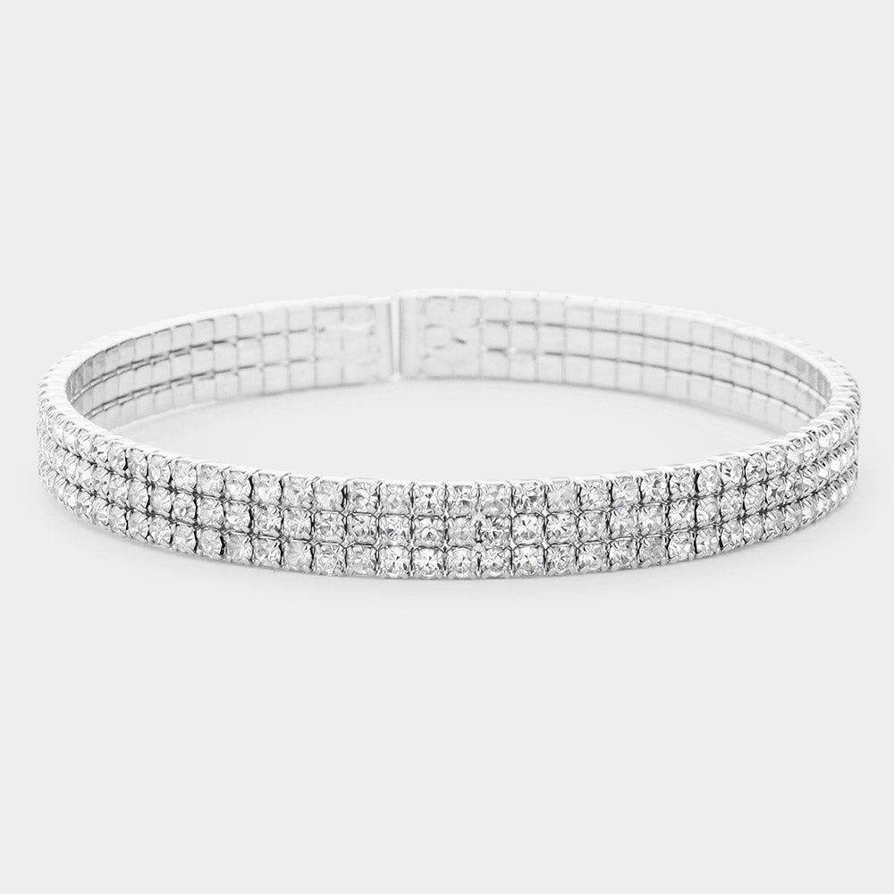 3 Row Rhinestone Cuff Bracelet on Silver | Pageant Jewelry
