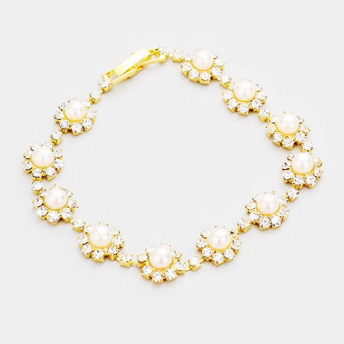 Cream Round Pearl & Crystal Rhinestone Rosette Evening Bracelet
