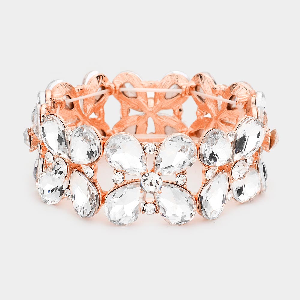 Clear Crystal Teardrop Pageant Stretch Bracelet on Rose Gold | Evening Bracelet