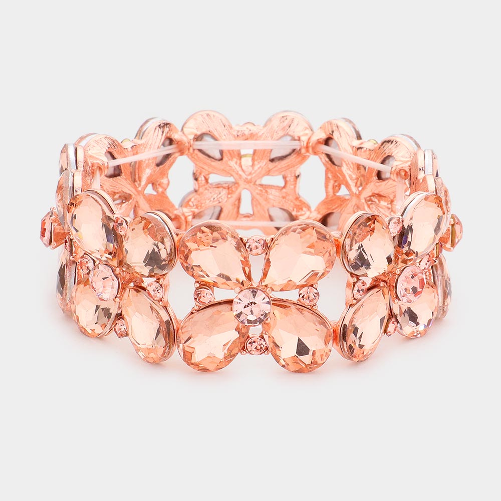Peach Crystal Teardrop Pageant Stretch Bracelet on Rose Gold | Evening Bracelet