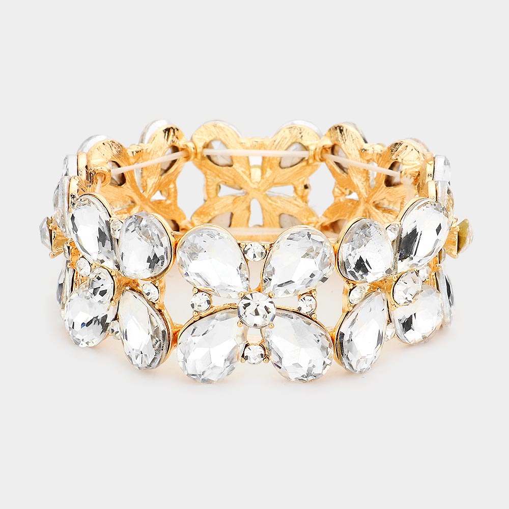 Clear Crystal Teardrop Pageant Stretch Bracelet on Gold | Evening Bracelet