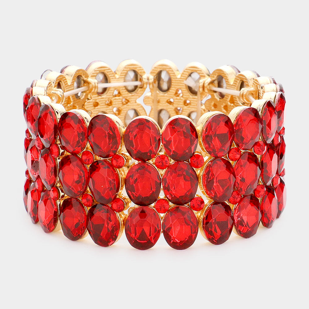 Wide Red Three Row Crystal Oval Stone Stretch Bracelet | Big Chunky Bracelet