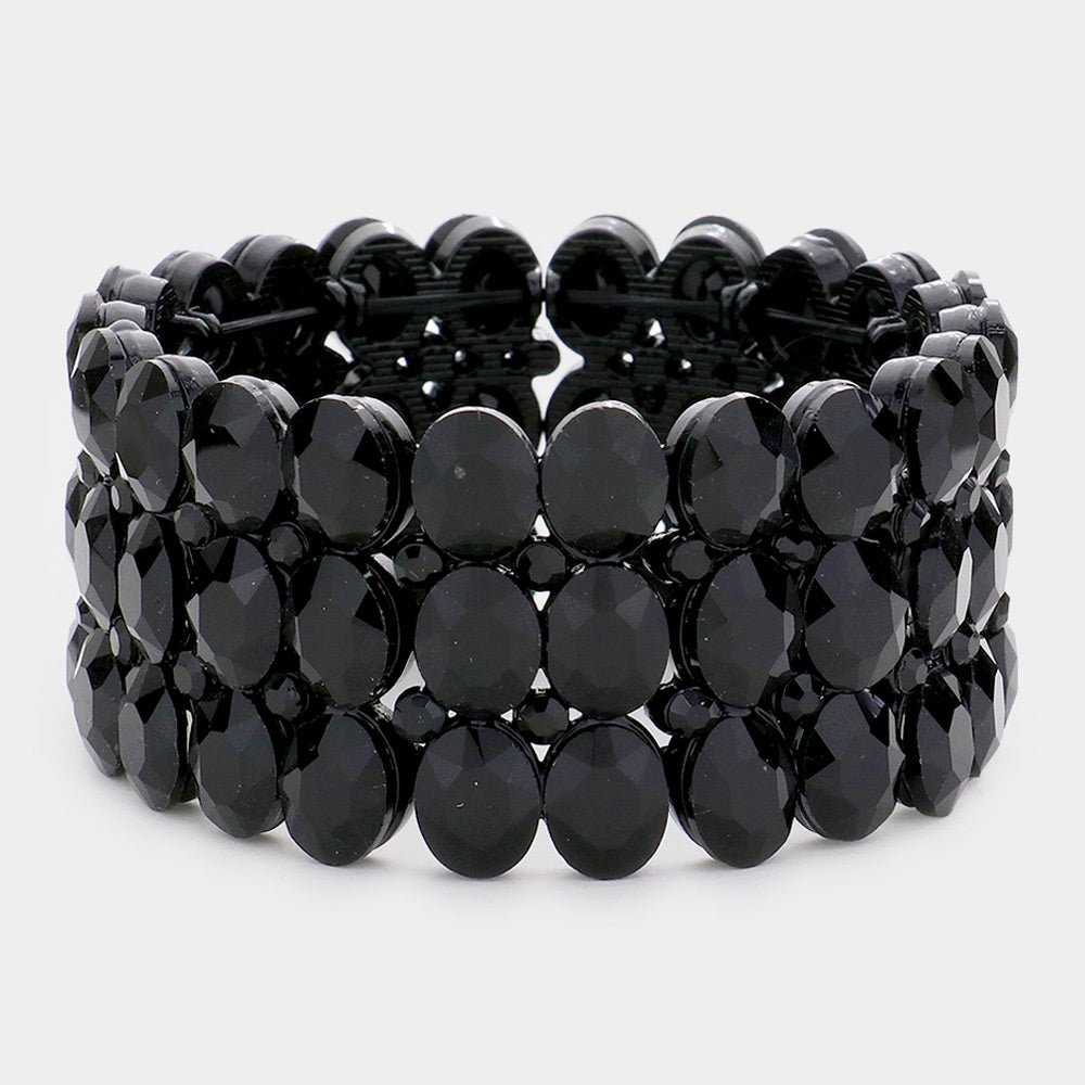 Wide Black Three Row Crystal Oval Stone Stretch Bracelet  | Big Chunky Bracelet | 596243