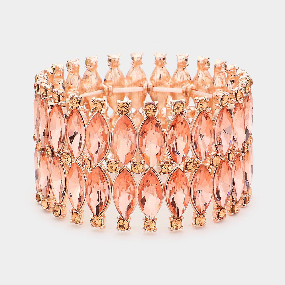 Peach Marquise Stone Stretch Pageant Bracelet on Rose Gold