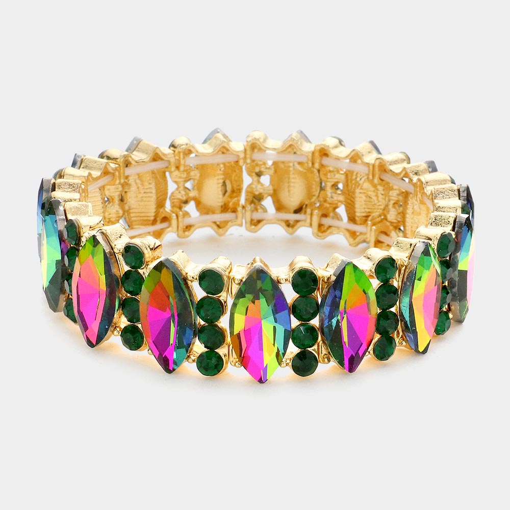 Multi-Color Marquise Stone with Rhinestone Accents Stretch Pageant Bracelet  | Prom Jewelry