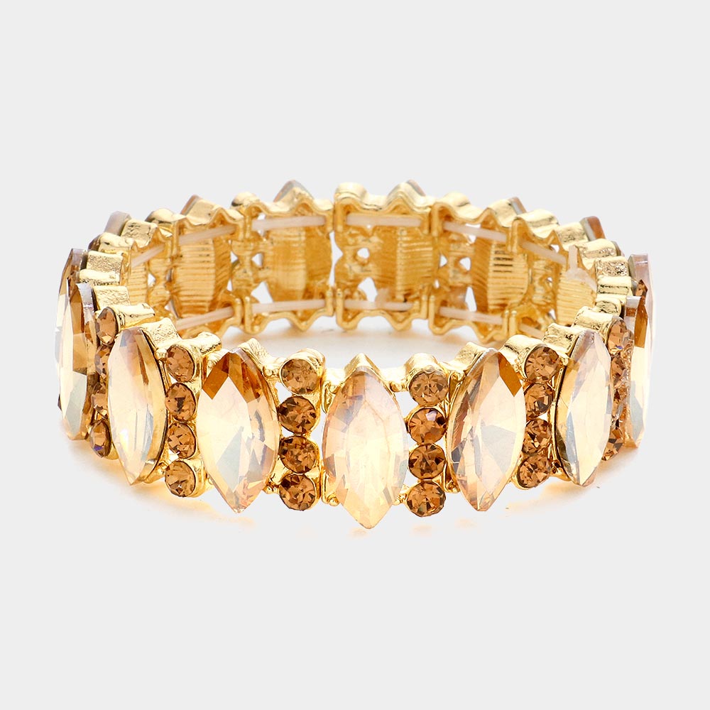 Light Topaz Marquise Stone with Rhinestone Accents Stretch Pageant Bracelet  | Prom Jewelry