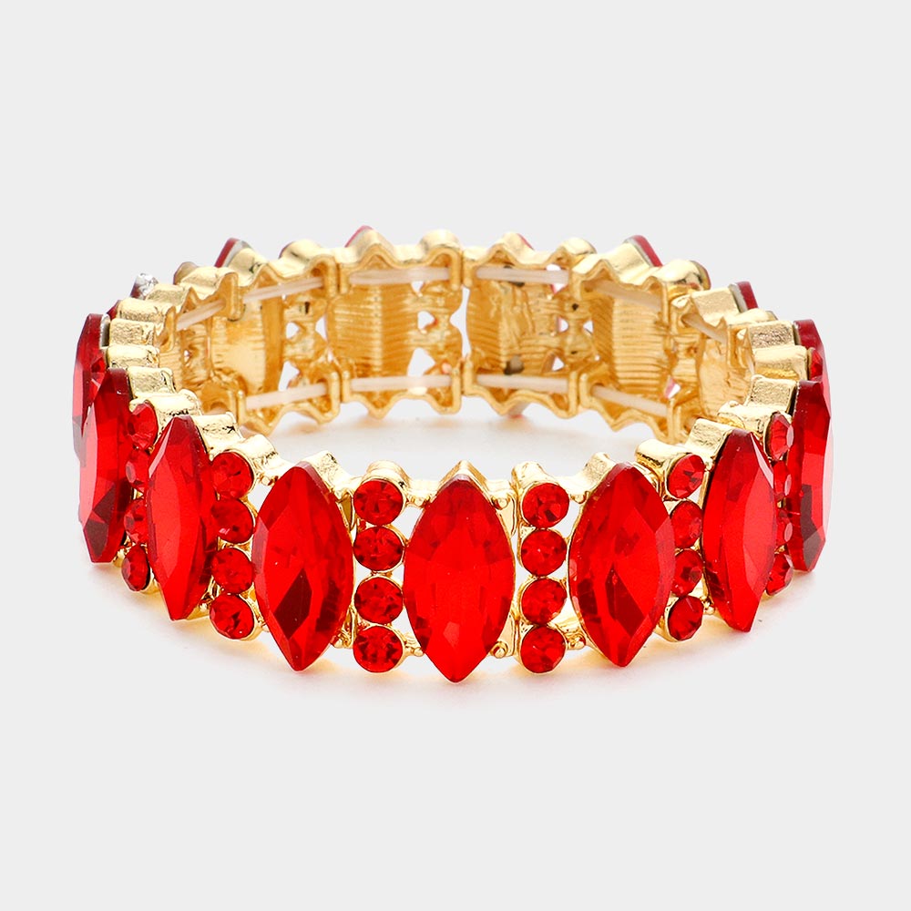 Red Marquise Stone with Rhinestone Accents Stretch Pageant Bracelet  | Prom Jewelry
