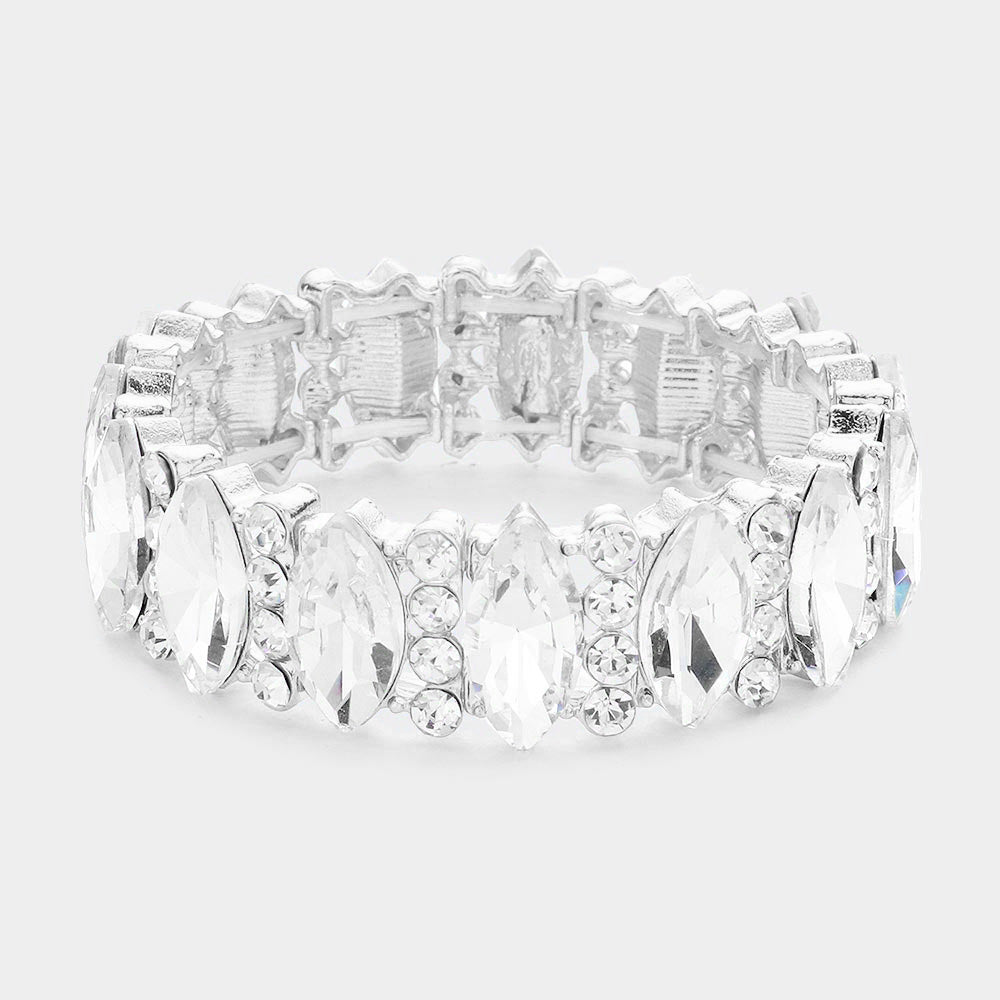 Clear Marquise Stone with Rhinestone Accents Stretch Pageant Bracelet  | Prom Jewelry