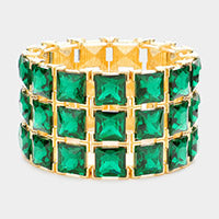 3 Row Emerald Square Stone Stretch Pageant Bracelet on Gold | Statement Jewelry
