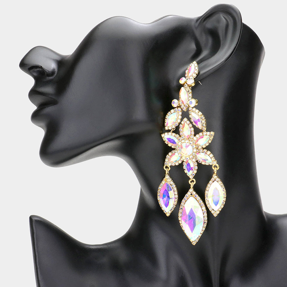 AB Flower Triple Marquise Stone Chandelier Evening Earrings on Gold | Statement Earrings