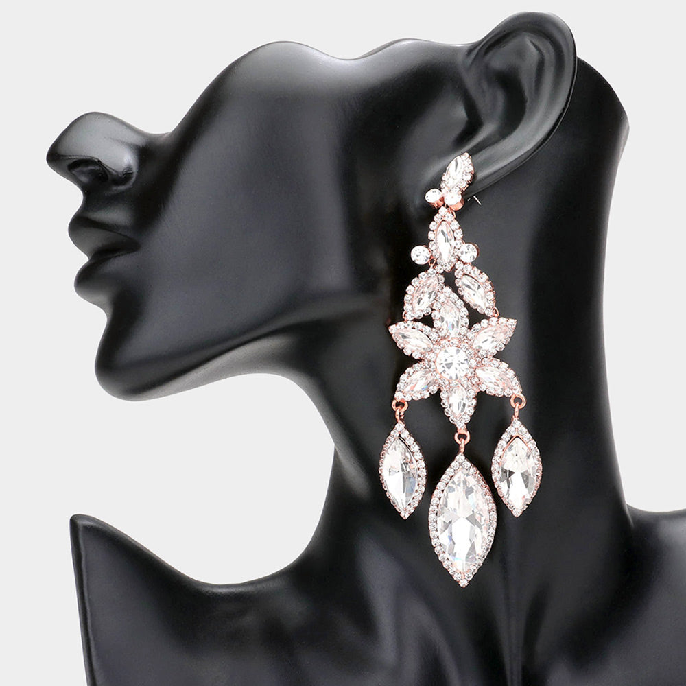 Clear Flower Triple Marquise Stone Chandelier Evening Earrings on Rose Gold | Statement Earrings