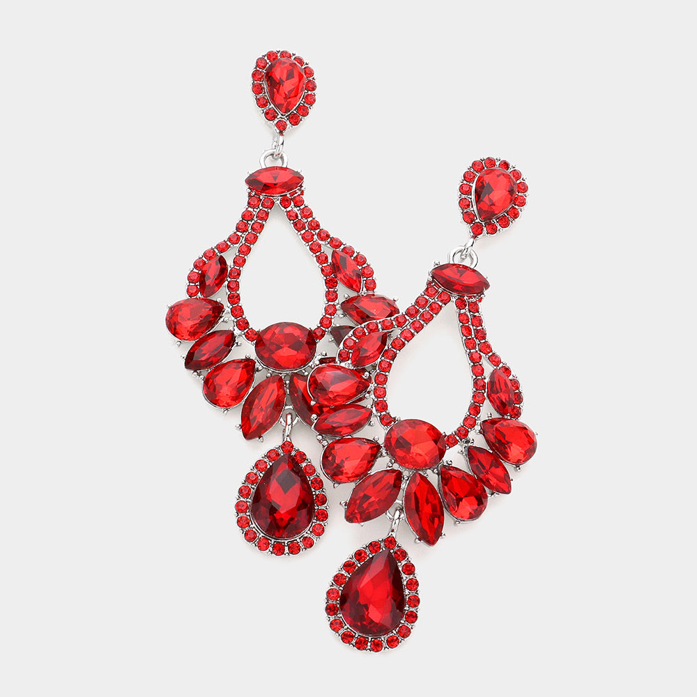 Multi Stone Red Crystal Chandelier Pageant Earrings | Prom Earrings