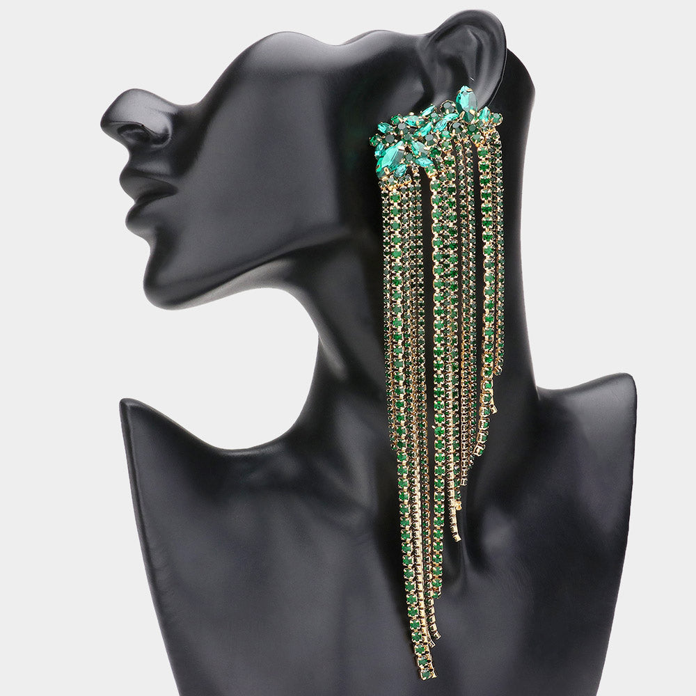 Emerald Marquise Stone with Very Long Rhinestone Fringe | Pageant Earrings | Runway Earrings