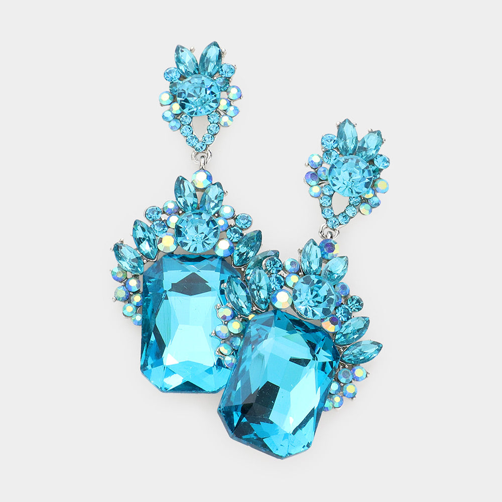 Emerald Cut Aqua Stone Dangle Earrings  | Prom Earrings