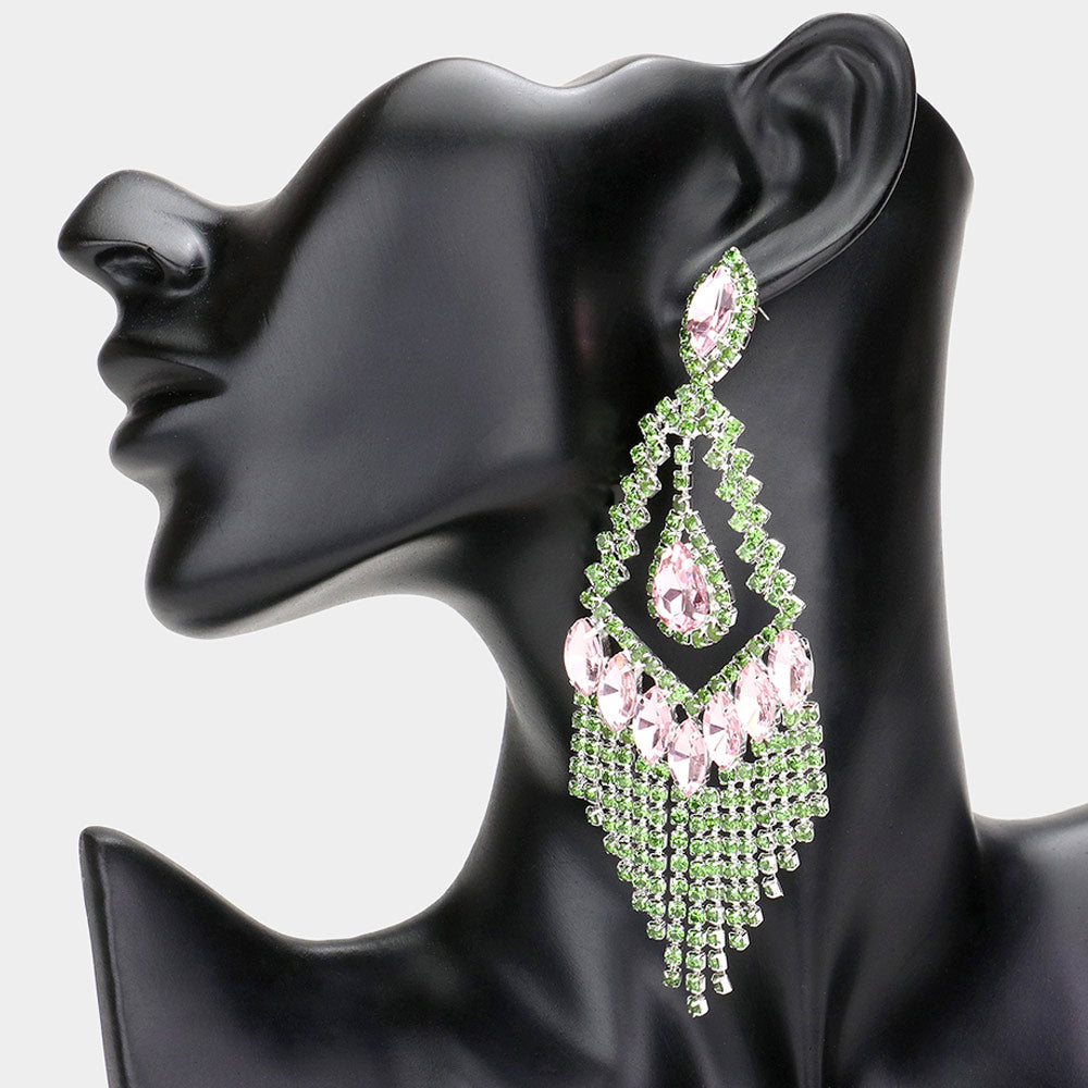 Lightweight Pink & Green Crystal Chandelier Pageant Earrings | Prom Earrings