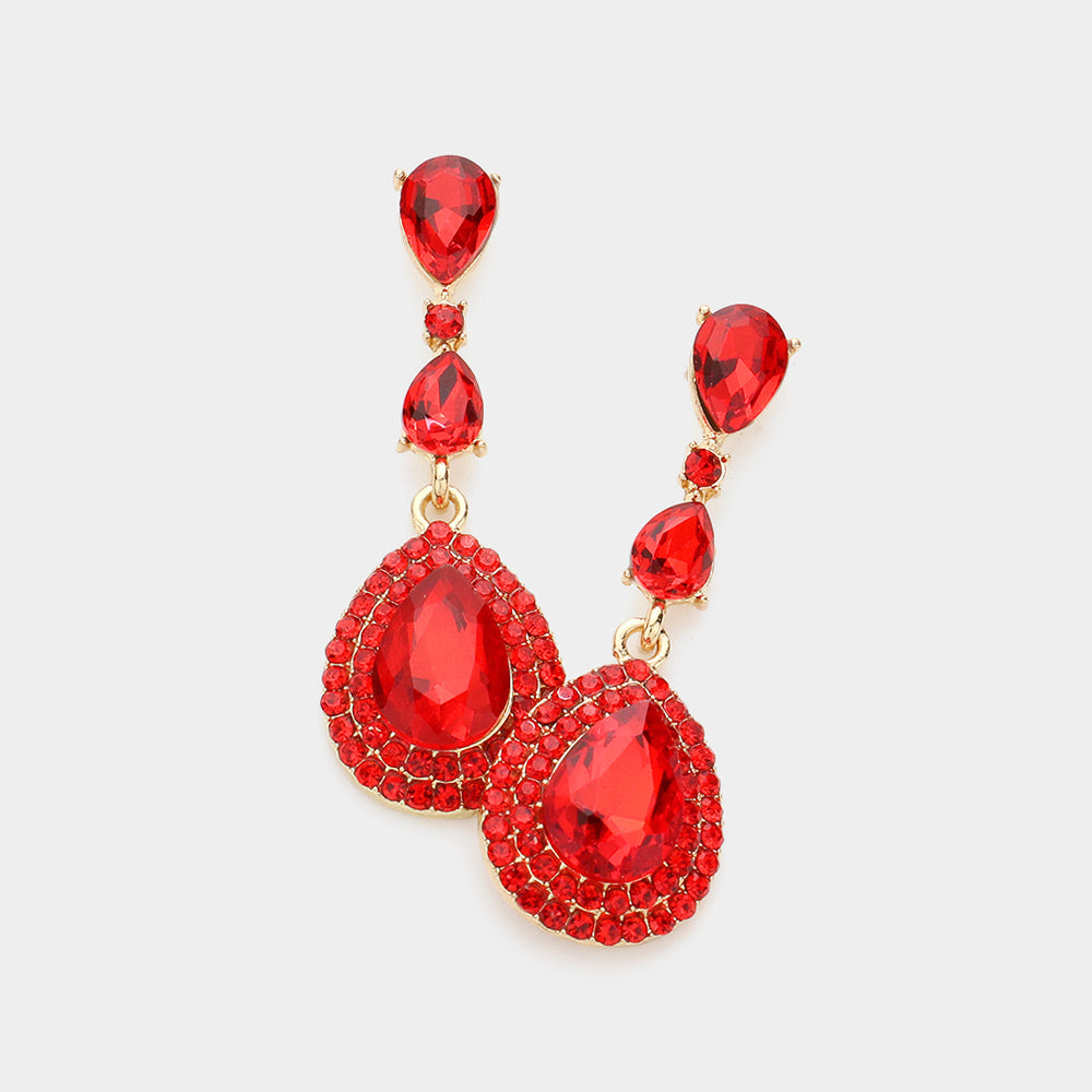Red Triple Teardrop Pageant Earrings | Prom Earrings