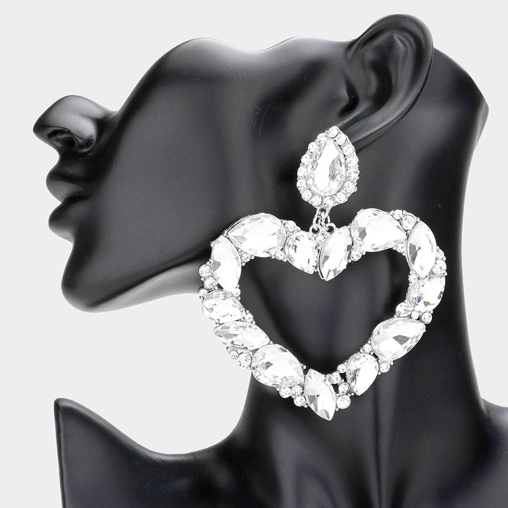 Clear Crystal Stone Open Heart Pageant Earrings | Statement Jewelry