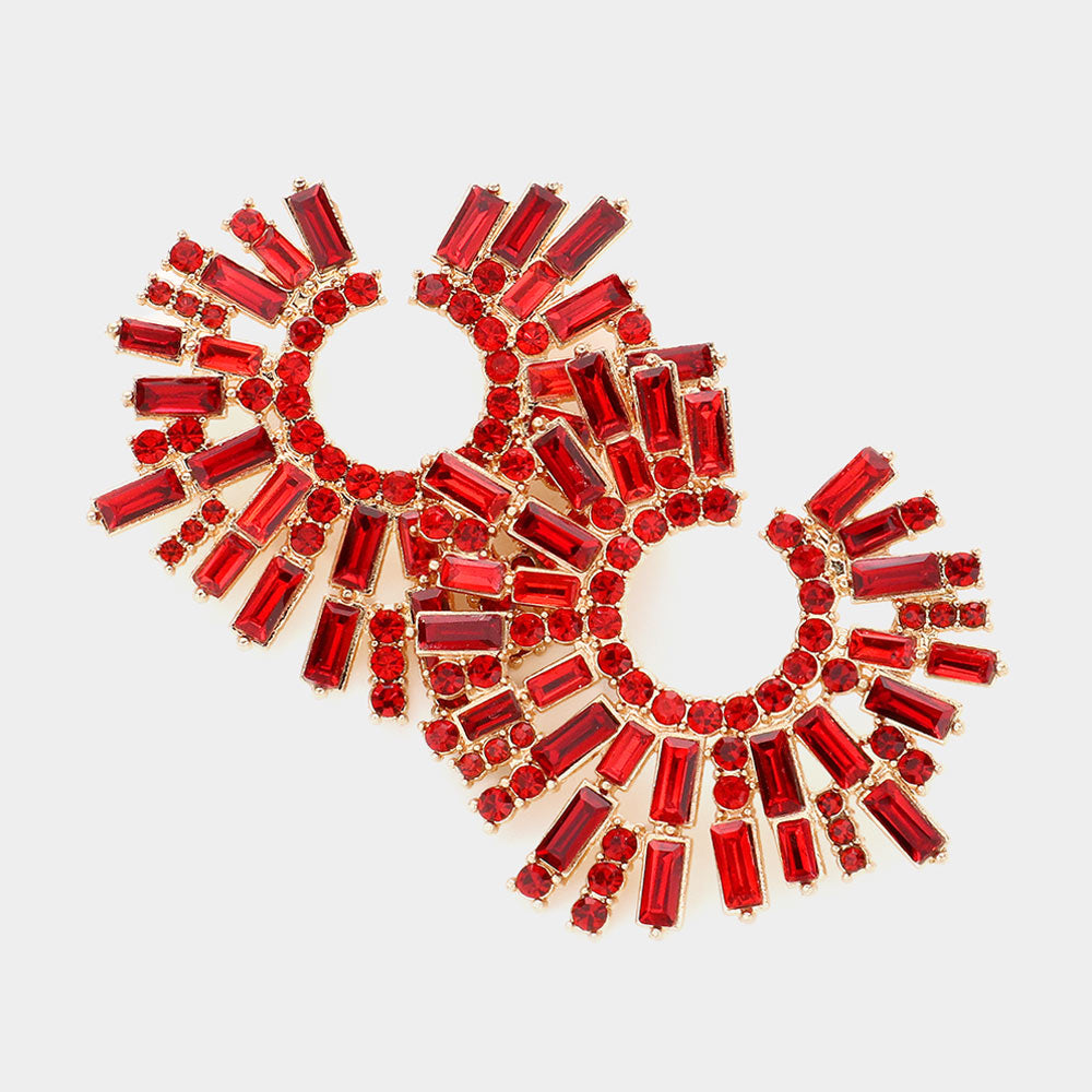 Red Baguette Stone Abstract Pageant Earrings | Evening Earrings