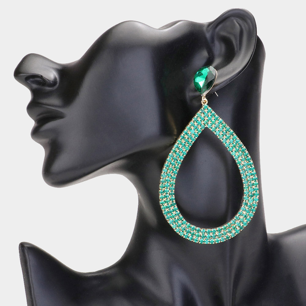 Emerald Rhinestone Open Teardrop Dangle Pageant Earrings  | Prom Earrings