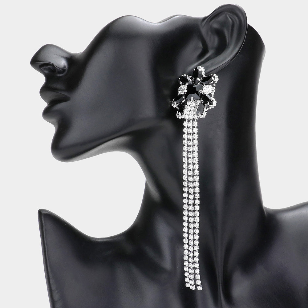 Long Black Stone Rhinestone Fringe Pageant Earrings  | Pageant Jewelry
