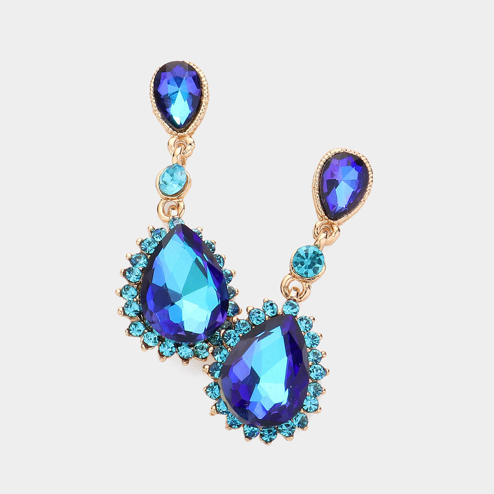 Aqua AB Teardrop Crystal Dangle Pageant Earrings  | Prom Earrings