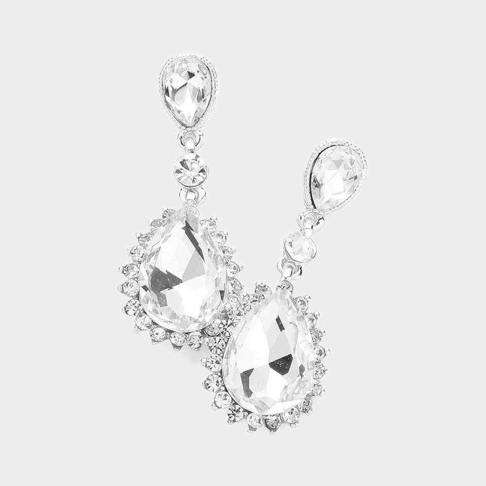 Clear Teardrop Crystal Dangle Pageant Earrings  | Prom Earrings
