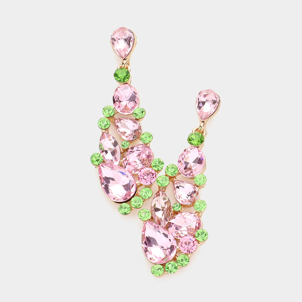 Pink & Green Round and Teardrop Cluster Pageant Earrings | Prom Earrings
