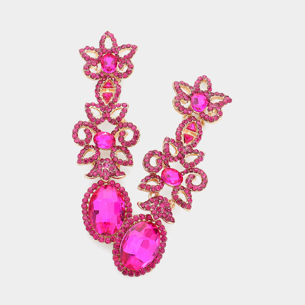 Oval Fuchsia Stone and Rhinestone Pointed Flower Pageant Earrings | Prom Jewelry