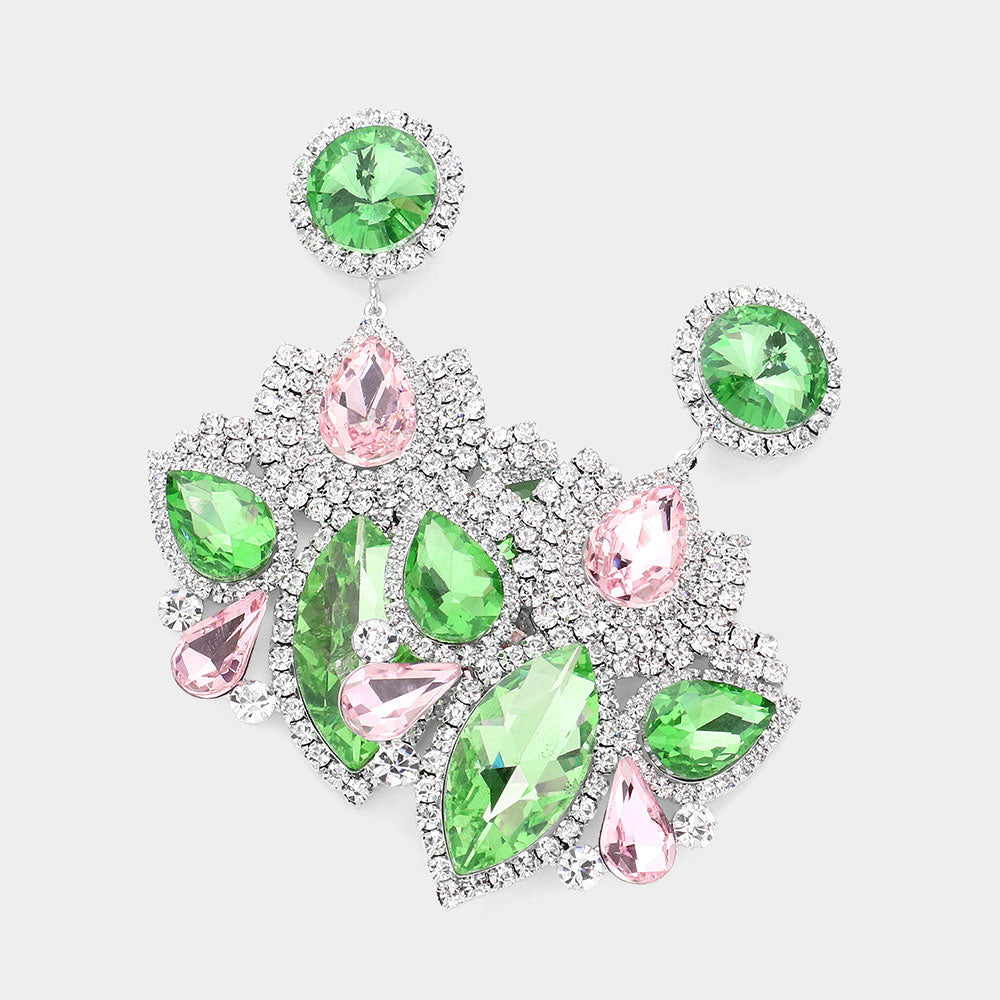 Multi Pink & Green Stone Rhinestone Embellished Chandelier Pageant Earrings   | Prom Earrings