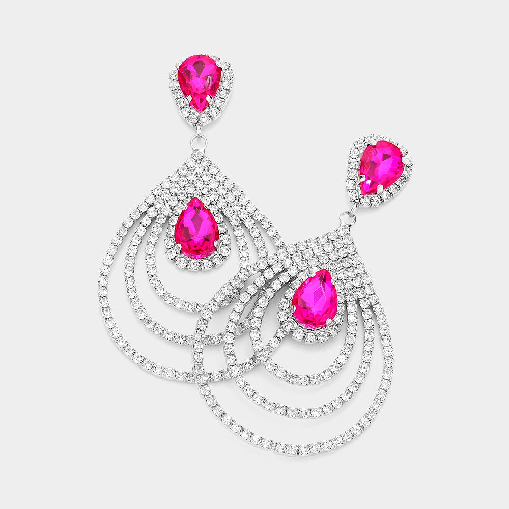 Big Fuchsia Crystal Teardrop and Rhinestone Dangle Pageant Earrings  | Prom Jewelry