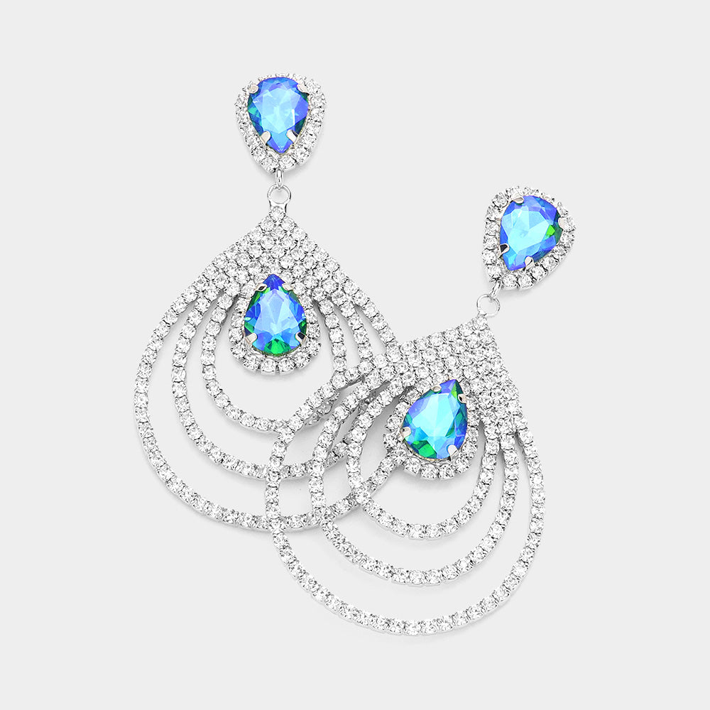 Big AB Blue Crystal Teardrop and Rhinestone Dangle Pageant Earrings  | Prom Jewelry