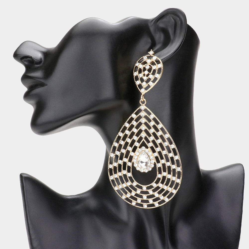 Stone Embellished Teardrop Shape Large Dangle Earrings on Gold | Pageant Jewelry