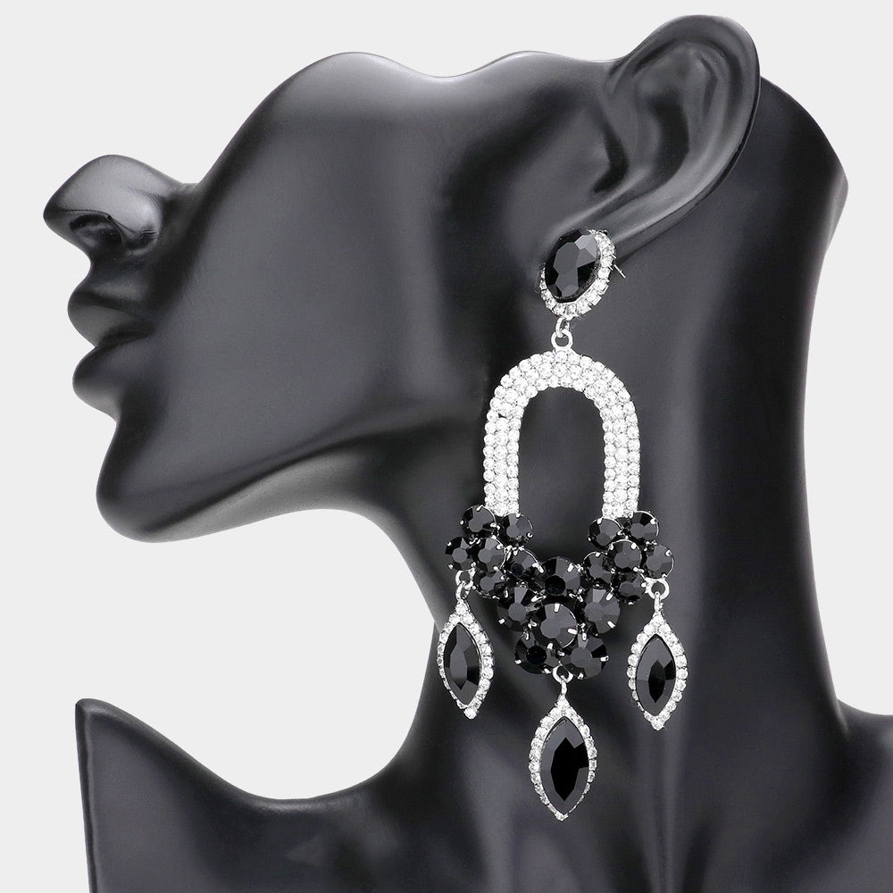 Black Triple Marquise Stone Drop Chandelier Pageant Earrings  | Prom Earrings