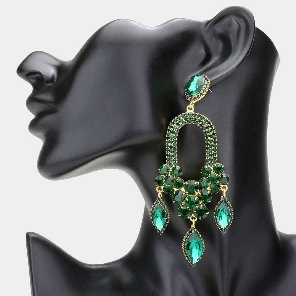 Emerald Triple Marquise Stone Drop Chandelier Pageant Earrings  | Prom Earrings