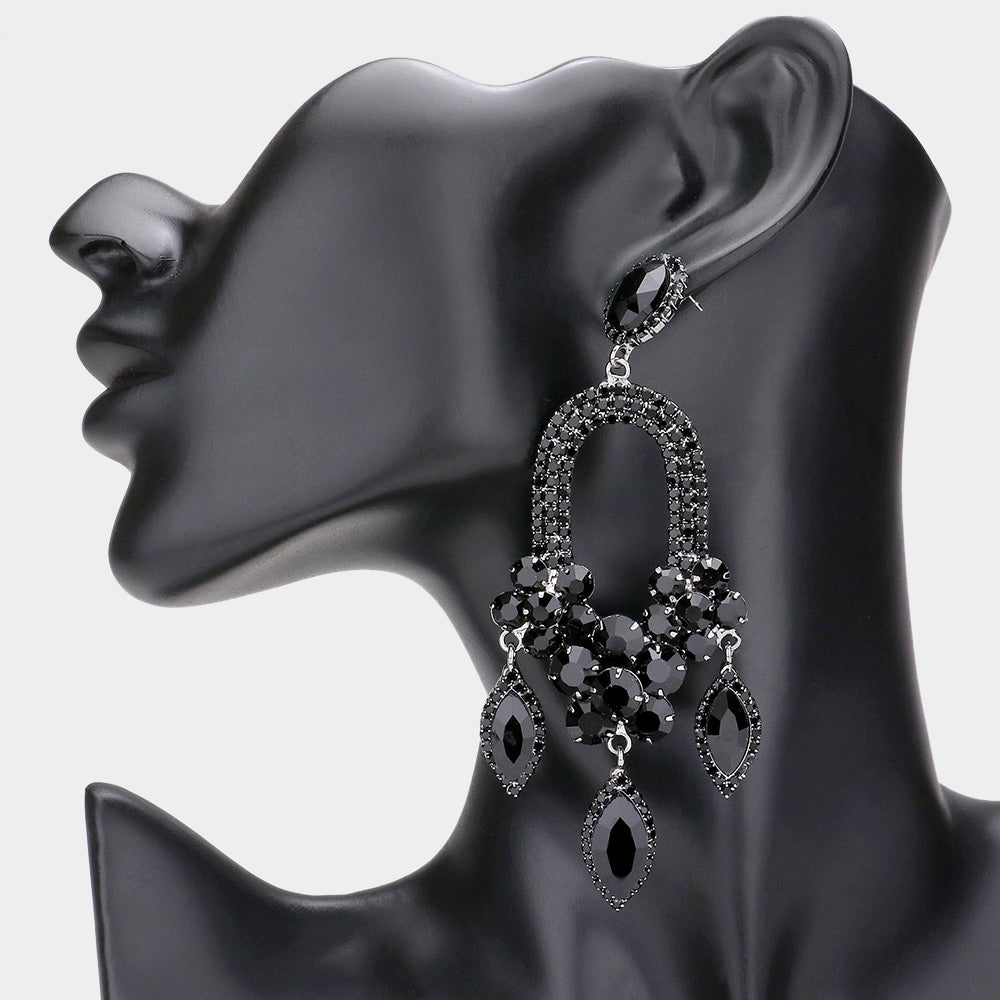 Black Triple Marquise Stone Drop Chandelier Pageant Earrings | Prom Earrings